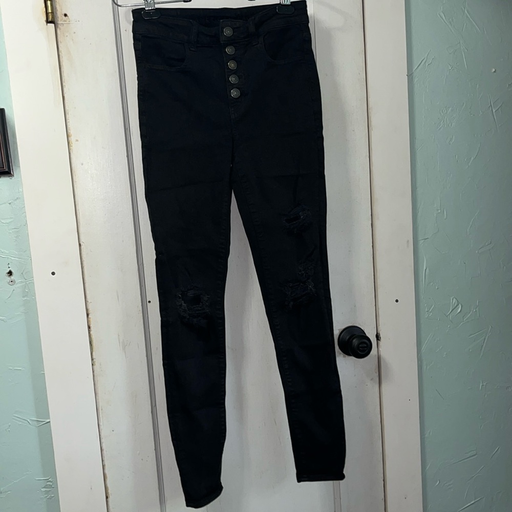 American Eagle jeans, lightly distressed, black, super stretch size 0